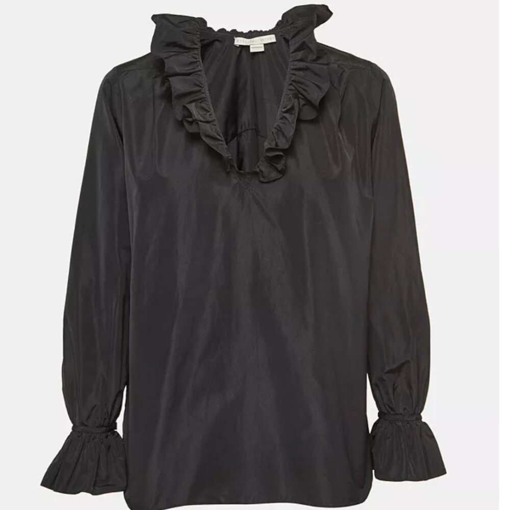 Stella McCartney Black Silk Blend Blouse Crepe Ruffled‎ Neck Size 38